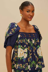 Blue Flower Tapestry Yoke Blouse | FARM Rio Online