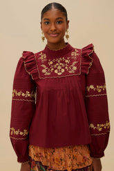 Burgundy Golden Embroidered Organic Cotton Blouse | FARM Rio Outlet