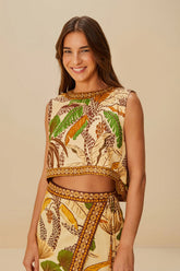 Sand Foliage Sketch LENZING™ ECOVERO™ Euroflax™ Blouse | FARM Rio Outlet