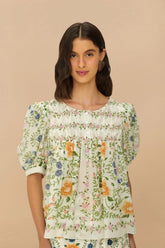Folk Floral Off-White Scoop Neck Short Sleeve Blouse | FARM Rio On Sale