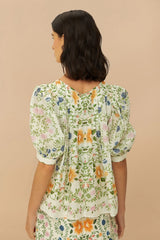 Folk Floral Off-White Scoop Neck Short Sleeve Blouse | FARM Rio On Sale