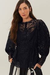 Black Guipire Puff Sleeve Blouse | FARM Rio Discount