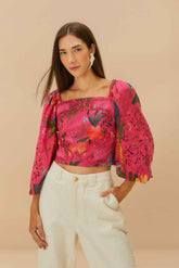 Pink Leopard Flowers Lace Blouse | FARM Rio US