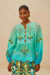 Turquoise Palm Tree Tapestry Blue Wavy Yoke Blouse | FARM Rio