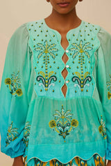Turquoise Palm Tree Tapestry Blue Wavy Yoke Blouse | FARM Rio