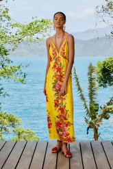 Yellow Summer Fruit Scarf LENZING™ ECOVERO™ Euroflax™ Maxi Dress | FARM Rio Online
