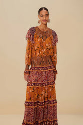 Colorful Birds Camel Smocking Long Sleeve Maxi Dress | FARM Rio Discount
