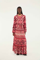 Red Graphic Ainika Belted Tiered Maxi Dress | FARM Rio | FARM Rio Discount