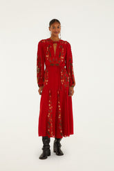 Red Berry Garden Long Sleeve Pleated Maxi Dress | FARM Rio | FARM Rio Discount