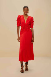 Red Gathered Midi Dress | FARM Rio