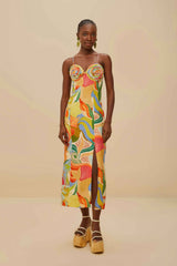 Multicolor Ocean View Twisted Cups Euroflax™ Premium Linen Midi Dress | FARM Rio US
