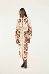 Sand Renata Floral Long Sleeve Midi Dress | FARM Rio | FARM Rio Online