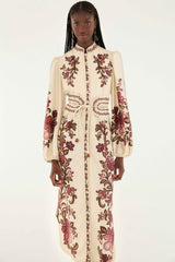 Sand Renata Floral Long Sleeve Midi Dress | FARM Rio | FARM Rio Online