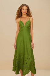 Green Monstera Embroidered Euroflax™ Premium Linen Midi Dress | FARM Rio Near Me