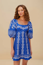 Blue Tropical Cross Stitch Euroflax™ Premium Linen Mini Dress | FARM Rio US
