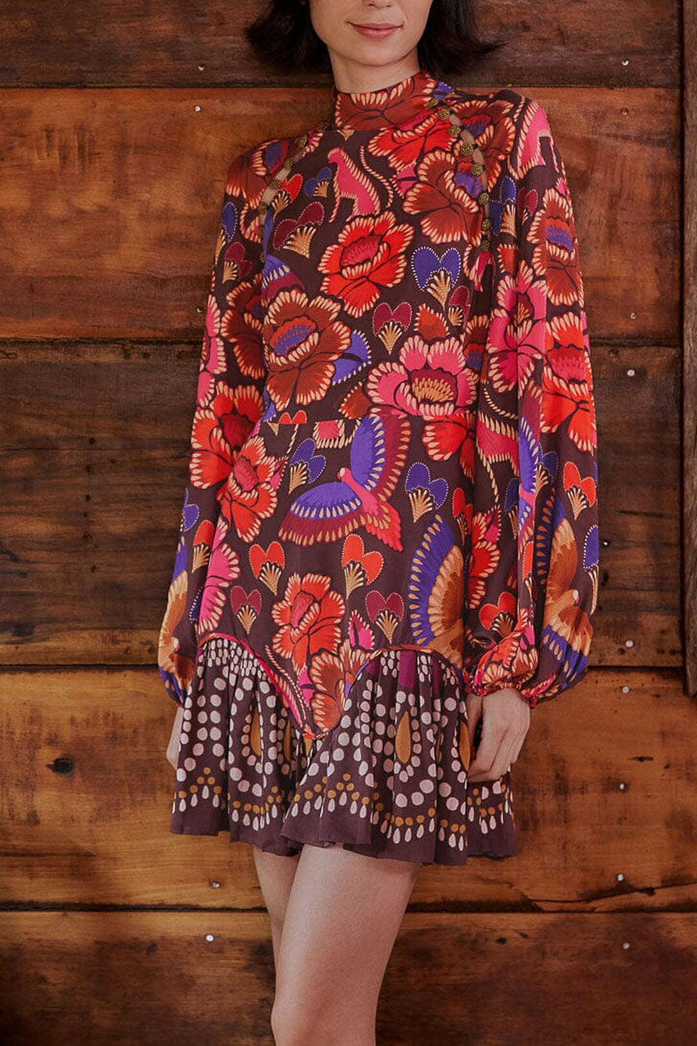 Brown Bright Flora Long Sleeve Mini Dress | FARM Rio Online