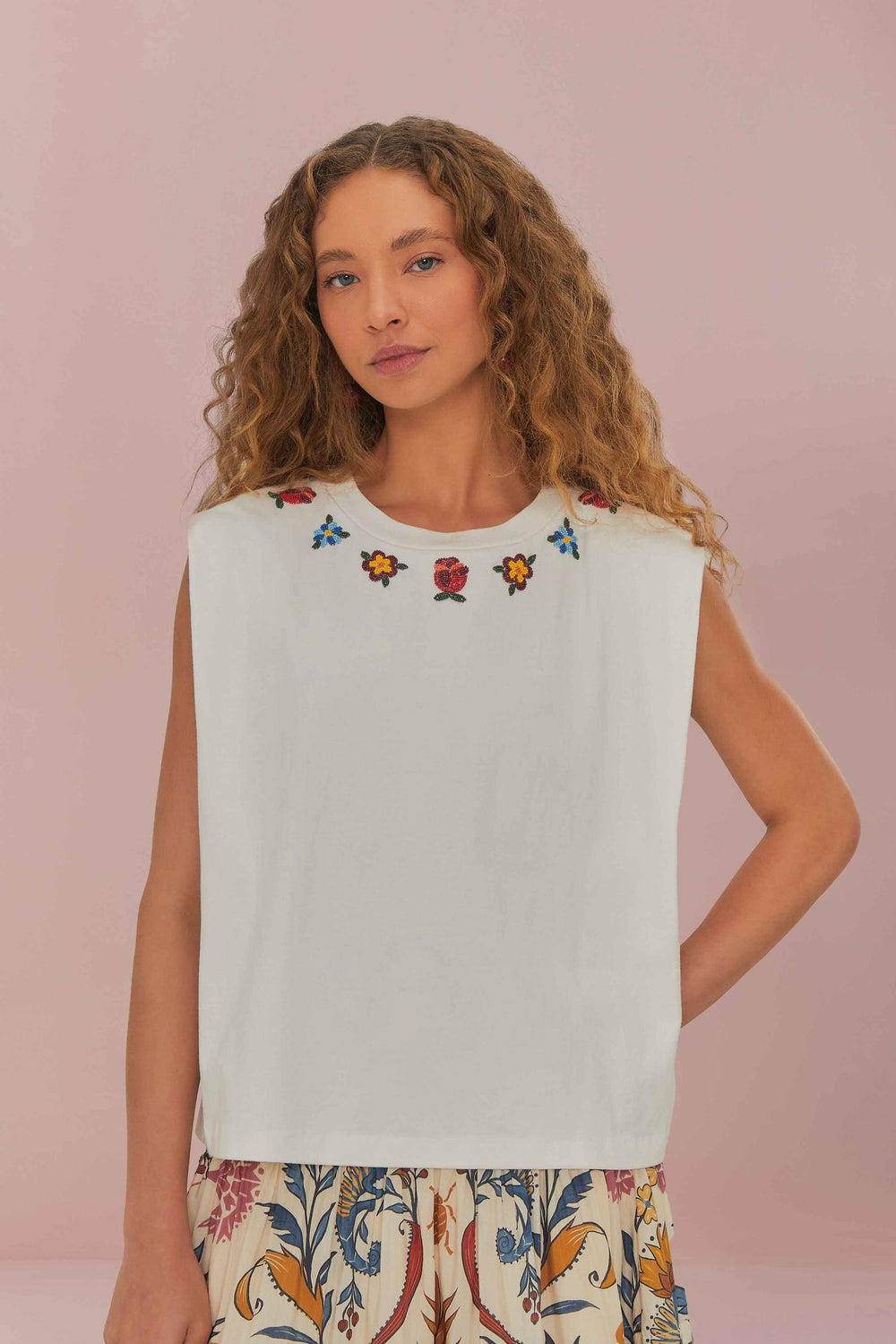 White Beaded Flowers T-Shirt | FARM Rio For Sale
