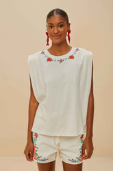 Off-White Cross Stitch Flowers Organic Cotton T-Shirt | FARM Rio Online