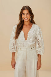 Off-White Rosy Eyelet Puff Sleeve Bodysuit | FARM Rio Near Me