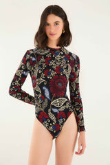 Black Valentina High Neck Long Sleeve Jersey Bodysuit | FARM Rio | FARM Rio Outlet