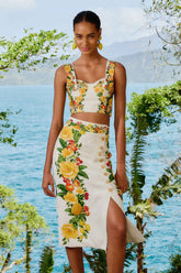 Off-White Picnic Flowers Euroflax™ Premium Linen Viscose Midi Skirt | FARM Rio Outlet