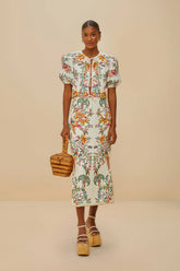 Off-White Delicate Forest Euroflax™ Premium Linen Midi Skirt | FARM Rio US