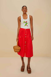 Red Mixed Buttons Euroflax™ Premium Linen Midi Skirt | FARM Rio Outlet