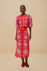 Red Porcelain Garden Euroflax™ Premium Linen Midi Skirt | FARM Rio On Sale