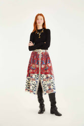 Red Winter Breeze Buttoned Belted Organic Cotton Midi Skirt | FARM Rio | FARM Rio US