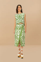 Green Delicate Tapestry LENZING™ ECOVERO™ Euroflax™ Midi Skirt | FARM Rio