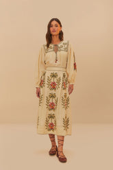 Sand Tropical Flower Embroidered LENZING™ ECOVERO™ Euroflax™ Maxi Skir | FARM Rio