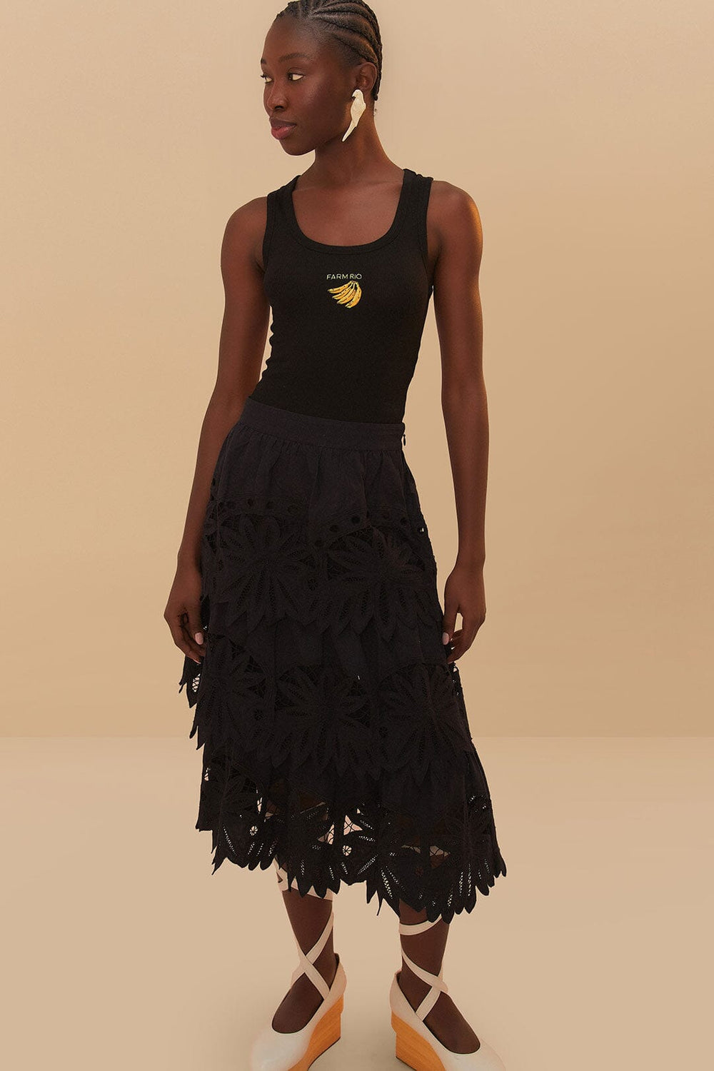 Black Daisy Embroidered Midi Skirt | FARM Rio Online