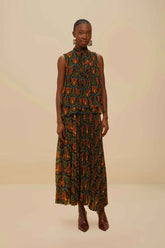 Black Boho Panther Pleated Maxi Skirt | FARM Rio Discount