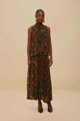 Black Boho Panther Pleated Maxi Skirt | FARM Rio Discount