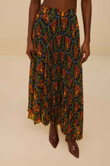Black Boho Panther Pleated Maxi Skirt | FARM Rio Discount