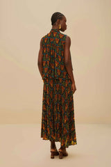Black Boho Panther Pleated Maxi Skirt | FARM Rio Discount