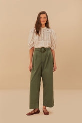 Green Twill Pleated Wide Pants | FARM Rio On Sale