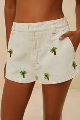 Off-White Embroidered Coconut Tree Shorts | FARM Rio