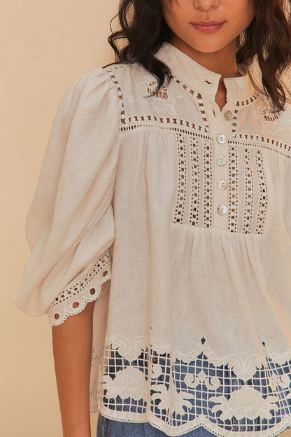 Off-White Romantic Richelieu LENZING™ ECOVERO™ Euroflax™ Blouse | FARM Rio