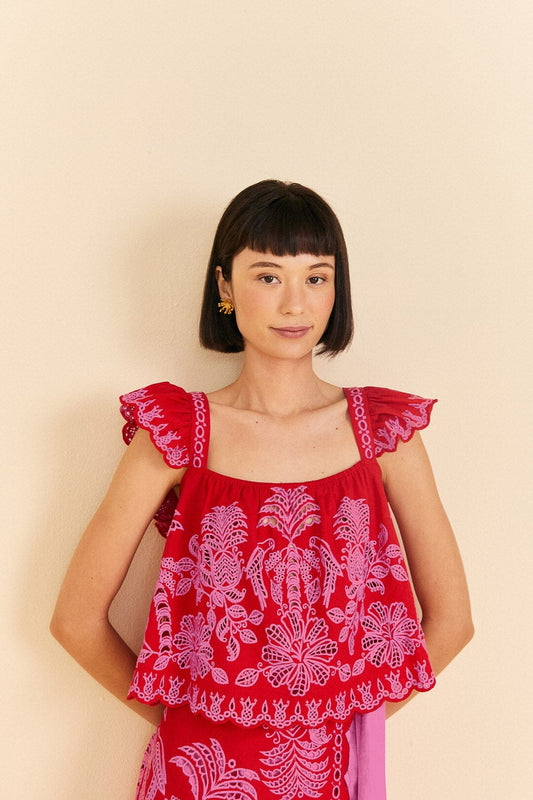 Red Palm Tree Richelieu Blouse | FARM Rio Outlet
