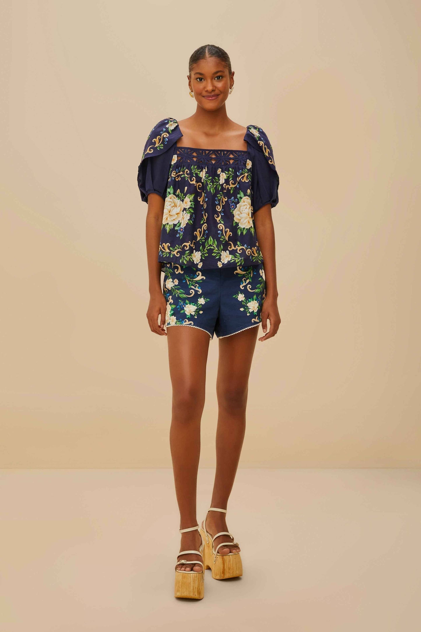 Blue Flower Tapestry Yoke Blouse | FARM Rio Online