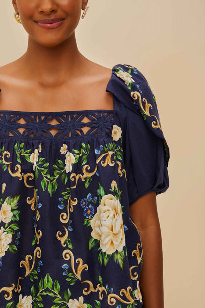 Blue Flower Tapestry Yoke Blouse | FARM Rio Online