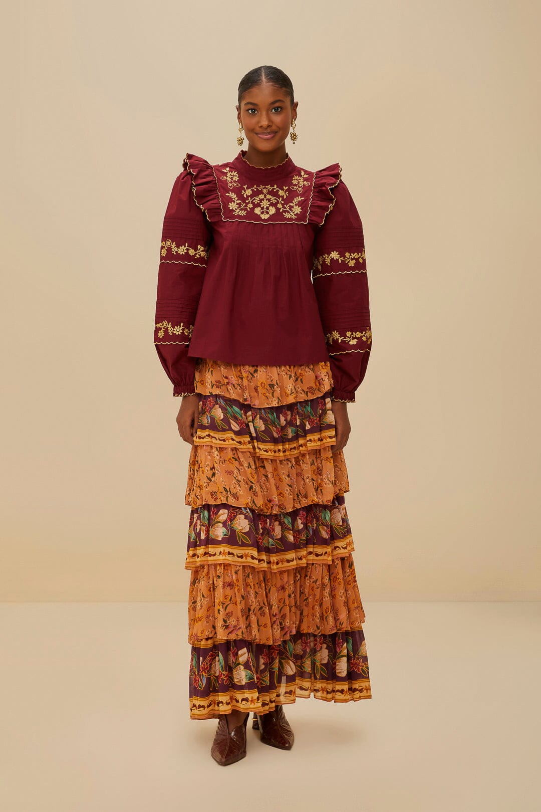 Burgundy Golden Embroidered Organic Cotton Blouse | FARM Rio Outlet