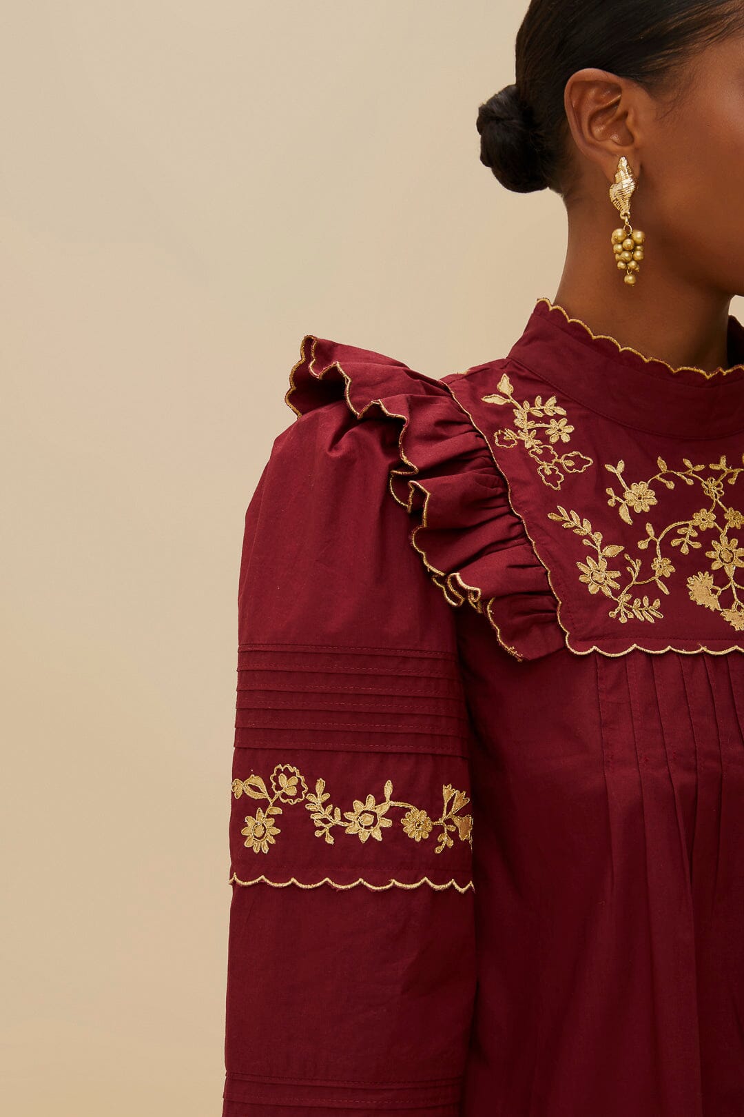 Burgundy Golden Embroidered Organic Cotton Blouse | FARM Rio Outlet