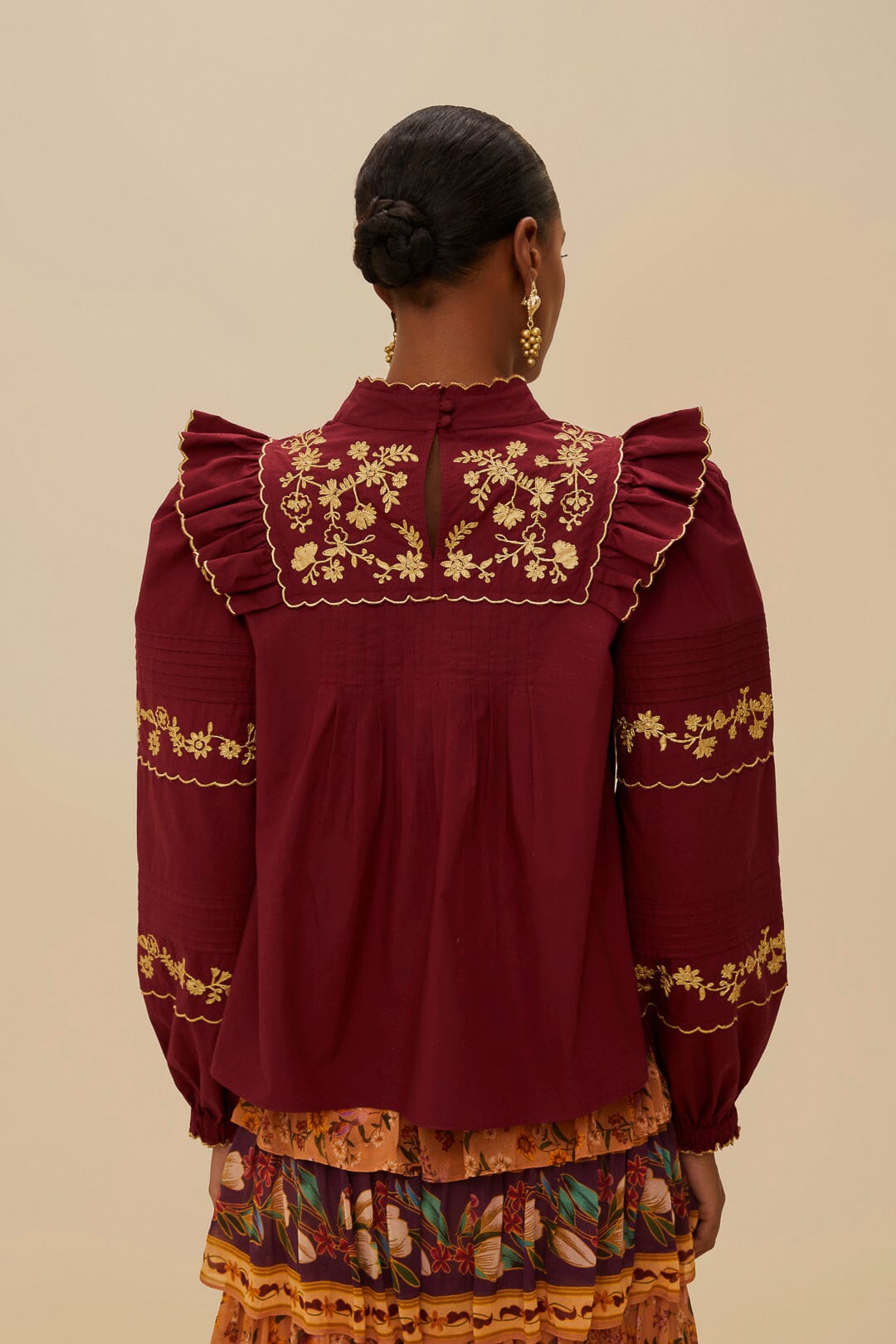Burgundy Golden Embroidered Organic Cotton Blouse | FARM Rio Outlet