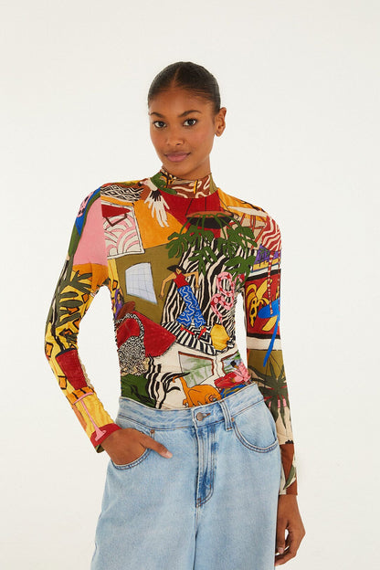 Multicolor Tropical Long Sleeve Turtleneck Blouse | FARM Rio | FARM Rio Discount