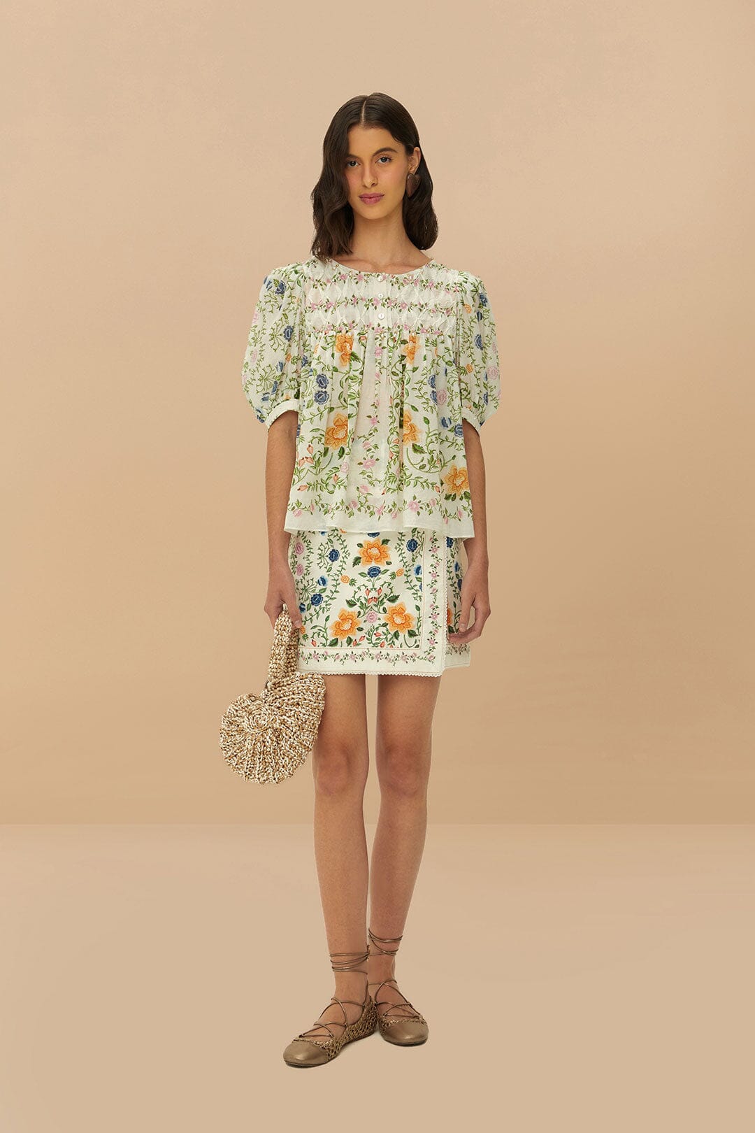 Folk Floral Off-White Scoop Neck Short Sleeve Blouse | FARM Rio On Sale
