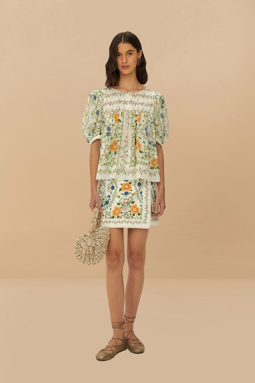 Folk Floral Off-White Scoop Neck Short Sleeve Blouse | FARM Rio On Sale