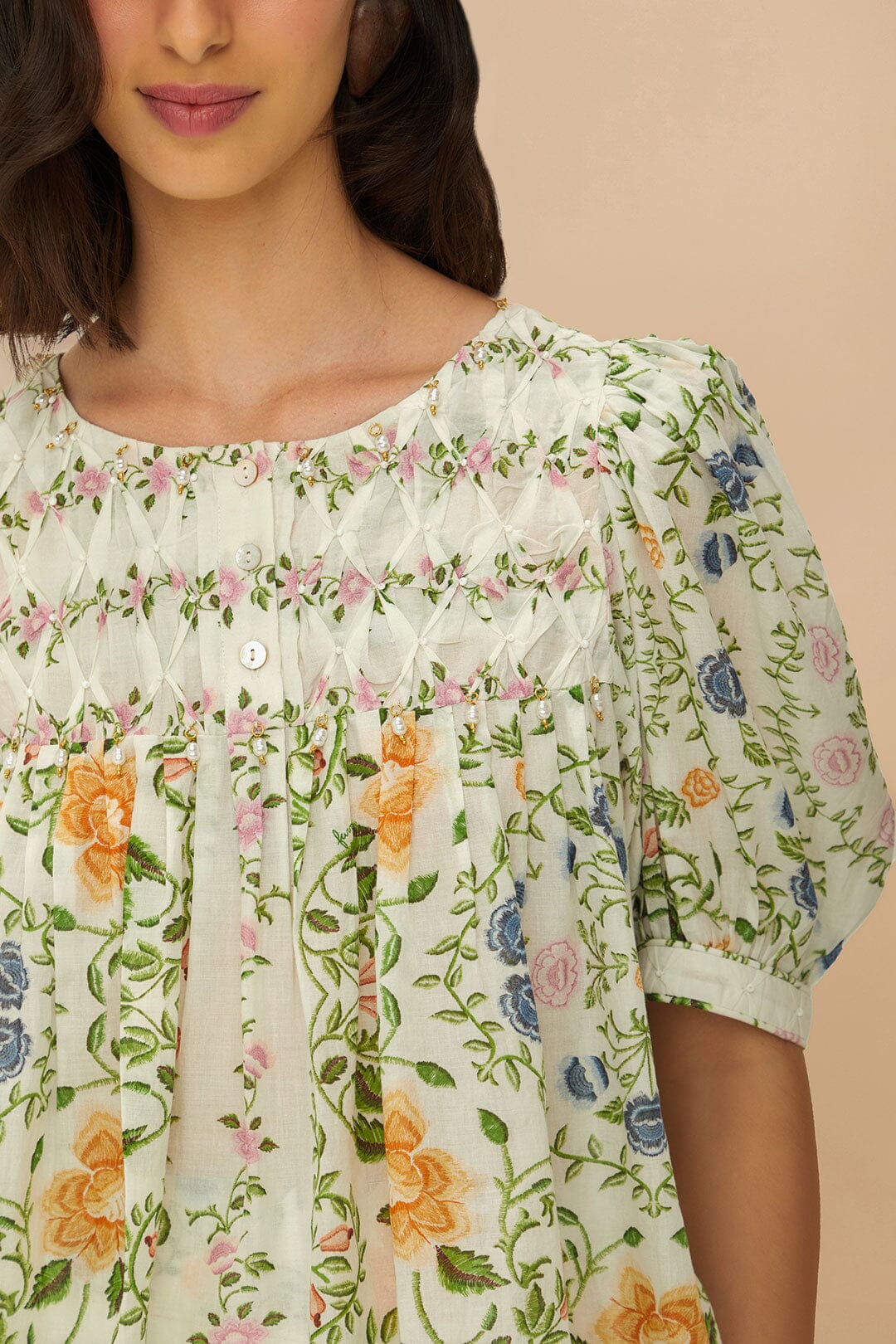 Folk Floral Off-White Scoop Neck Short Sleeve Blouse | FARM Rio On Sale
