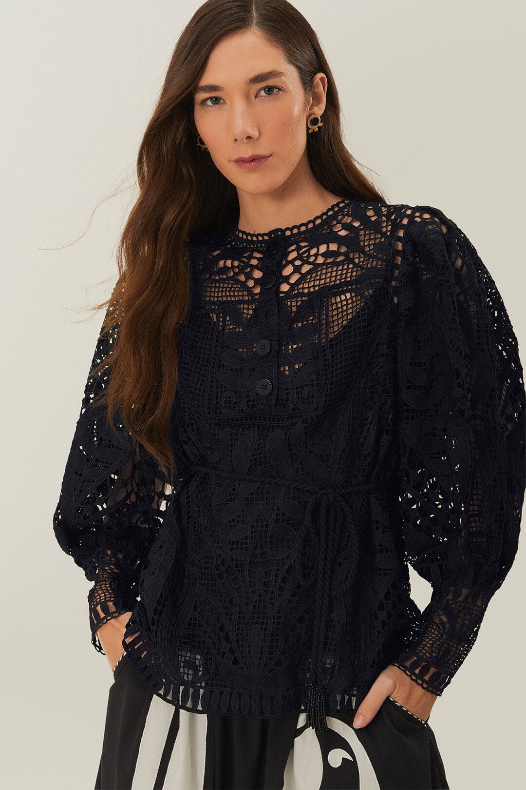 Black Guipire Puff Sleeve Blouse | FARM Rio Discount